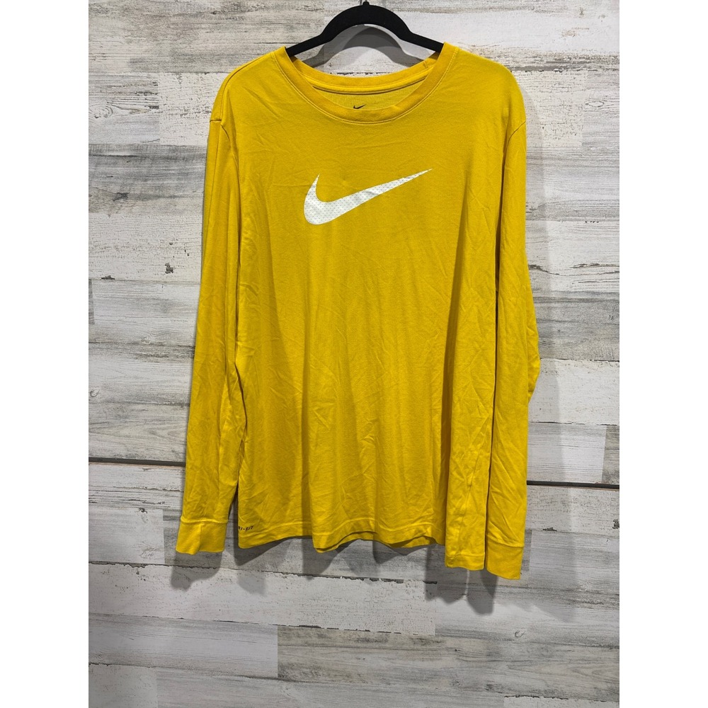 Nike Long Sleeve Shirt Men XL Yellow Dri-FIT Swoosh Logo Sportswear
